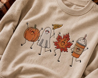 Spooky Fall Friends 5 Sizes Machine Embroidery Design, Cute Halloween Pumpkin Ghost Leaf Coffee Machine Embroidery, Autumn Embroidery.