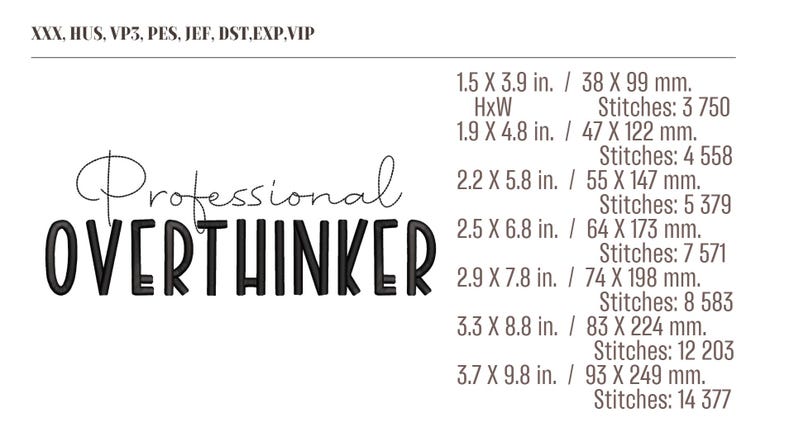 Professionell Overthinker broderidesign i 7 storlekar. Rolig citat minimalistisk text digital maskinbroderifil. bild 2
