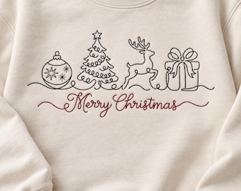 Op de afbeelding: Een crèmekleurig sweatshirt met ronde hals en zwarte lijntekening-borduursels van een kerstbal, een kerstboom, een rendier en een cadeau. Onder de iconen is de tekst Merry Christmas geborduurd in een donkerrood cursief lettertype.