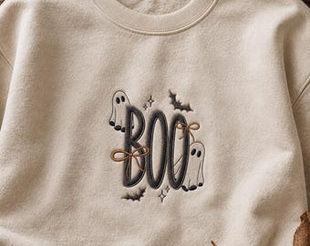 Boo Halloween 5 Sizes Embroidery Design, Coquette Bow Ghosts Machine Embroidery, Spooky Letters Machine Embroidery File, Digital Download.