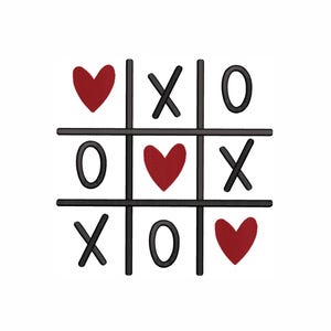 May include: A red heart tic-tac-toe game board with black lines and symbols. The board has three rows and three columns. The symbols are X and O. The hearts are in the top left, center, and bottom right squares.