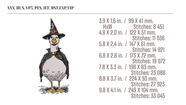 May include: An embroidered design of a goose dressed as a witch, wearing a black hat and cape. The image includes size and stitch count information, with the largest size being 9.8 x 4.1 inches (249 x 104 mm).