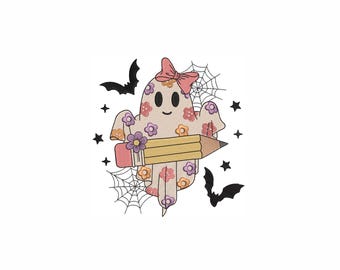 Cute Floral Ghost with Pencil Embroidery. 4 Sizes. Back to School Halloween Design. Halloween School Embroidery.