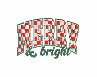 Merry and Bright With White Color Machine Embroidery Design. 5 Sizes. Checkered Embroidery Design. Varsity Christmas Embroidery Design.