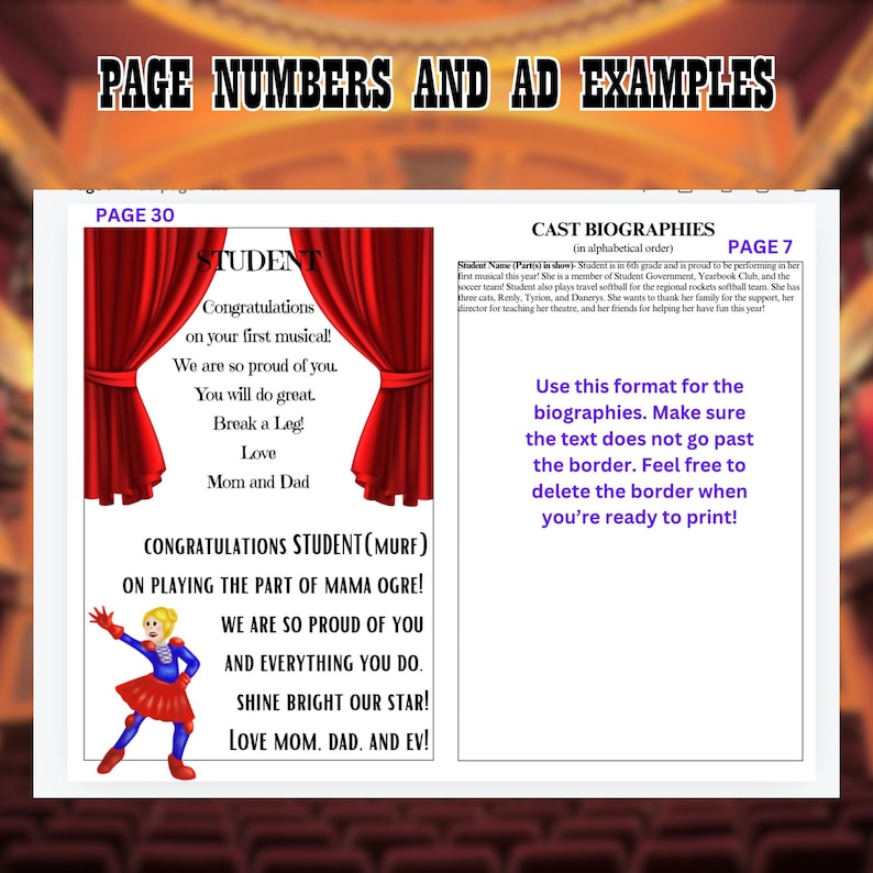 May include: A red and white printable page with a red curtain backdrop and the text "Congratulations Student (Murf) on playing the part of Mama Ogre! We are so proud of you and everything you do. Shine bright our star! Love Mom, Dad, and Ev!"  The page also includes a red and white illustration of a student dressed in a red and blue costume.