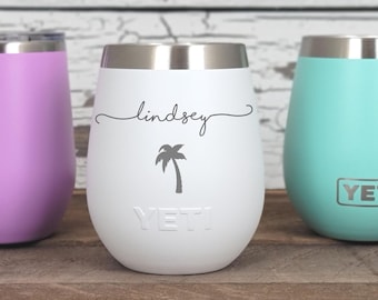 Yeti or Polar Camel Wine Tumbler with Engraved Palm Tree, Personalized Insulated Cup, Custom Wine Glass, Romantic Gift for Her or Him, SLH1