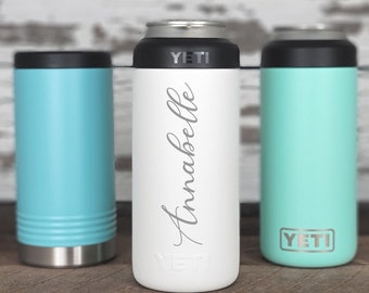 Personalized Engraved Slim Engraved Colster with Vertical Name Skinny Hard Seltzer, Bridesmaid, Birthday, Road Trip, Lake Life, Camping
