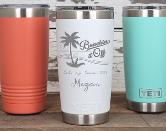 Personalized Engraved YETI® 20oz or Polar Camel 20oz Beaching It Off, Beach Vacation, Girls Trip, Palm Tree, Travel Cup, On The Beach BIO1