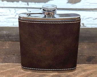 Flask 6oz Custom Engraved Leatherette Flask Personalized Groomsmen Gift for Him Wedding Favor Flask for Men Father Husband