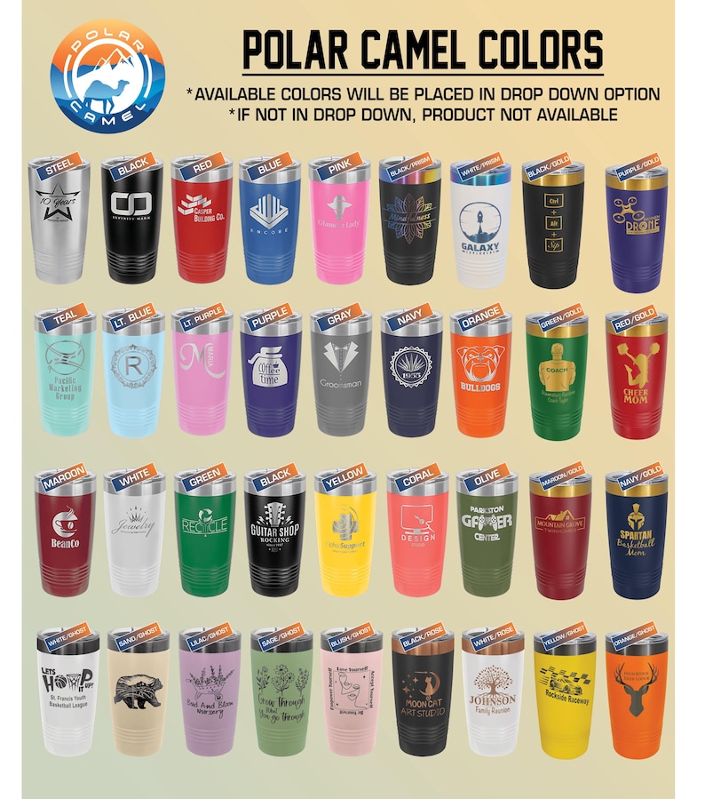 a collection of colorful tumblers or cups, each with a unique design or logo, arranged in a grid format.