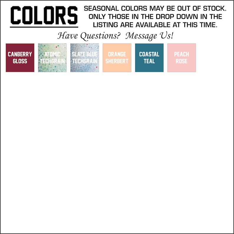 a list of seasonal colors available for purchase, with a message encouraging users to ask questions and provide feedback.