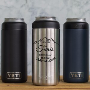 Recuerdo personalizado grabado YETI® SLIM Colster para padrinos de boda, padrinos de boda, padre de la novia, novios, viajes por carretera a las montañas ML4L imagen 1