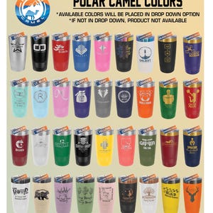 a collection of colorful tumblers or cups, each with a unique design or logo, arranged in a grid format.