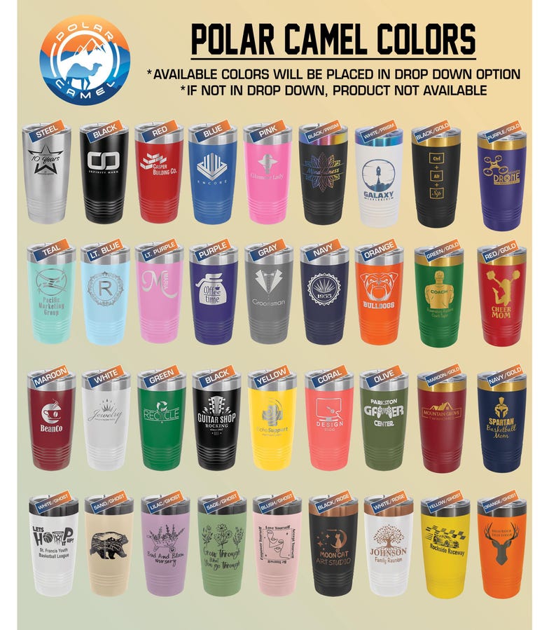 a collection of colorful tumblers or cups, each with a unique design or logo, arranged in a grid format.