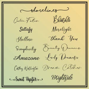 Puede incluir: Imagen enmarcada con un fondo degradado amarillo y verde. La imagen presenta la palabra "shorelines" en escritura cursiva en la parte superior, con varias otras palabras en cursiva debajo, incluyendo "Satisfy" y "Brightside".