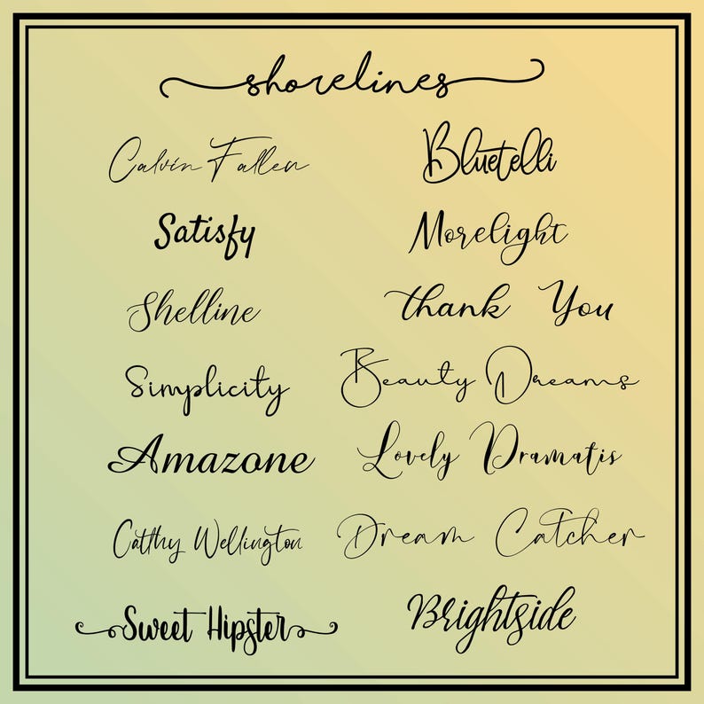 Puede incluir: Imagen enmarcada con un fondo degradado amarillo y verde. La imagen presenta la palabra "shorelines" en escritura cursiva en la parte superior, con varias otras palabras en cursiva debajo, incluyendo "Satisfy" y "Brightside".