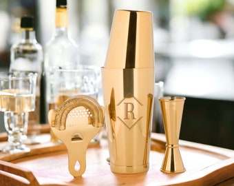 Engraved Cocktail Shaker - Four Piece Set, Gold Finish, A Bar Above, Cocktails, Martini Shaker, Strainer, Jigger, Wedding Gift, Groom DD2