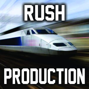 May include: Image features a high-speed train in motion, with the word "RUSH" at the top and "PRODUCTION" at the bottom in bold, white letters. The train is white with blue accents, suggesting speed and efficiency.