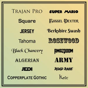 Puede incluir: Un gr&aacute;fico que muestra varios estilos de fuente, incluyendo "TRAJAN PRO", "SUPER MARIO", "Square", "RUSSEL DEXTER", "JERSEY", "Berkshire Swash", "Tahoma", "ROSEWOOD", "Black Chancery", "AMAZDOOM", "ALGERIAN", "ARMY", "JEDI", "ROAD RAGE", "COPPERPLATE GOTHIC" y "Kelt".