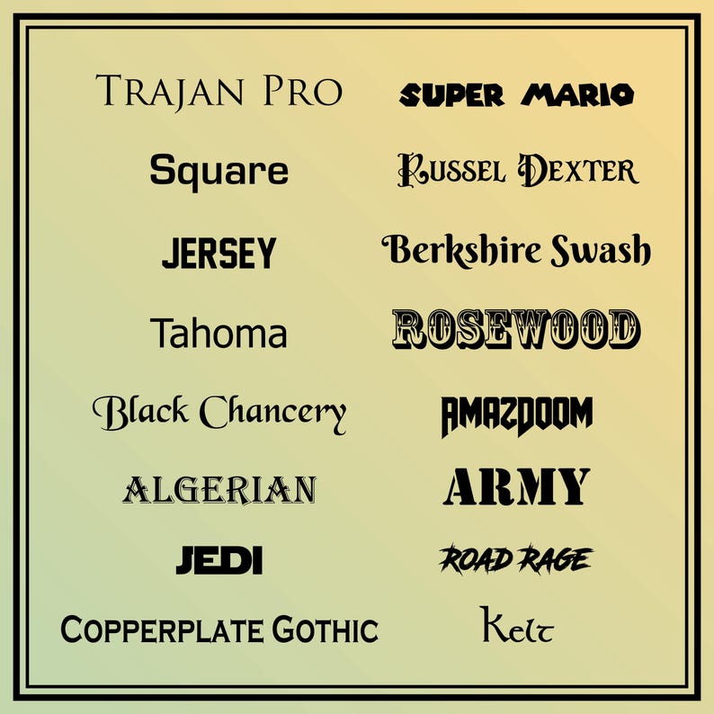 Puede incluir: Un gr&aacute;fico que muestra varios estilos de fuente, incluyendo "TRAJAN PRO", "SUPER MARIO", "Square", "RUSSEL DEXTER", "JERSEY", "Berkshire Swash", "Tahoma", "ROSEWOOD", "Black Chancery", "AMAZDOOM", "ALGERIAN", "ARMY", "JEDI", "ROAD RAGE", "COPPERPLATE GOTHIC" y "Kelt".