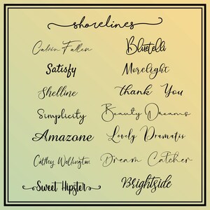 a collection of various handwritten texts in different styles and fonts, arranged in a grid format. The text includes words and phrases such as "Shorelines", "Bluetella", "Satisfy", "Morelight", "Thank You", "Shelline", "Simplicity", "Beauty DREAMs", "LOVELY DRAMA", "CATHRY WELCHING", "Dream Catcher", "Sweet Hipster", and "Brightside".