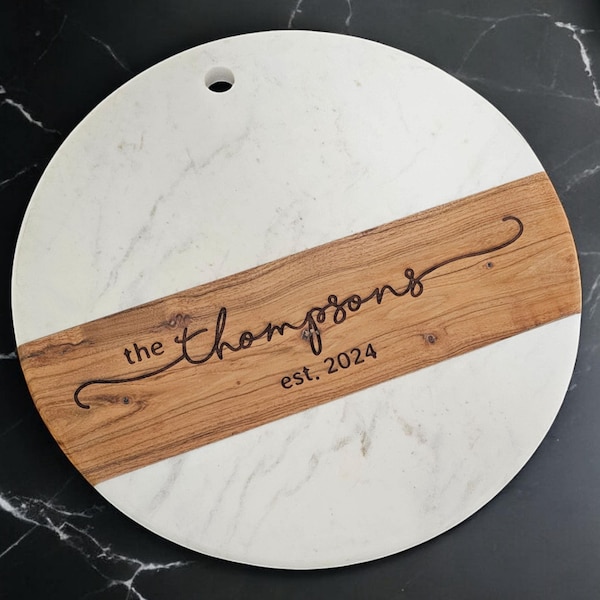 Laser Engraved White Marble and Acacia Cutting Board, New Home Gift, Closing Gift, Charcuterie, Cheese Board, Personalized Gift
