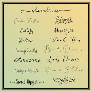 a collection of various handwritten texts in different styles and fonts, arranged in a grid format. The text includes words and phrases such as "Shorelines", "Bluetella", "Satisfy", "Morelight", "Thank You", "Shelline", "Simplicity", "Beauty DREAMs", "LOVELY DRAMA", "CATHRY WELCHING", "Dream Catcher", "Sweet Hipster", and "Brightside".