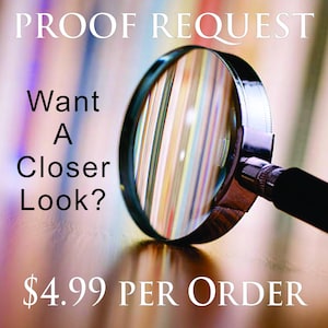 May include: A magnifying glass with a black handle and silver rim is positioned over a blurred background. The text "PROOF REQUEST" is at the top, with "Want A Closer Look?" and "$4.99 PER ORDER" below.