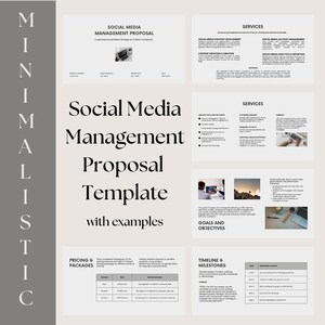 Könnte beinhalten: Eine minimalistische Vorlage für ein Social-Media-Management-Angebot mit Beispielen. Die Vorlage enthält Abschnitte für Preise und Pakete, Dienstleistungen, Ziele und Zielsetzungen, Zeitplan und Meilensteine sowie einen Abschnitt zur Festlegung der Social-Media-Strategie des Kunden.