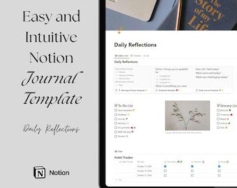 May include: A screenshot of a Notion page with a daily reflections journal template. The template includes sections for daily reflections, a to-do list, a grocery list, and a habit tracker. The page is designed to help users track their progress and stay organized.