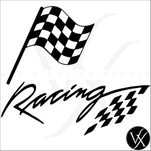 May include: Black and white chequered racing flag with the word "Racing" written in a stylised font below it.