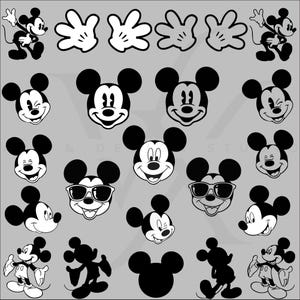 Könnte beinhalten: Eine Sammlung von Schwarzweiß-Illustrationen von Mickey Mouse. Die Bilder zeigen Mickey Mouse in verschiedenen Posen, darunter winkend, mit Sonnenbrille und lächelnd. Es gibt auch Bilder von Mickey Mouses Händen und Kopf.