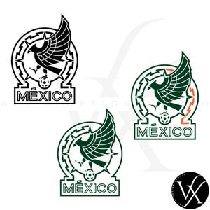 May include: Three variations of a logo featuring a stylized eagle with wings spread, a soccer ball, and the word "MÉXICO" in a bold, black font. The eagle is black in the first logo, green in the second, and green with an orange lightning bolt in the third.