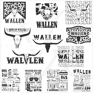 Peut inclure: Une feuille de conception numérique présentant diverses illustrations en noir et blanc d'un crâne avec des bois, une botte de cowboy et le mot "Wallen" dans différentes polices et styles. La feuille comprend également des paroles de chansons de Morgan Wallen, telles que "Wasted on You", "Sand" et "7 Summers".