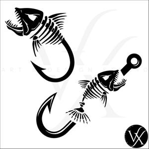 Puede incluir: Dos ilustraciones en blanco y negro de esqueletos de peces con un anzuelo. Los peces están mirando hacia la izquierda y la derecha, con la boca abierta y el esqueleto visible. Los anzuelos son curvos y tienen una punta afilada.