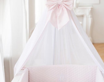 Baby nursery canopy with standing metal frame , Newborn Baldachin white with a baby pink bow and stripe for baby, Baby Crib bed Canopy