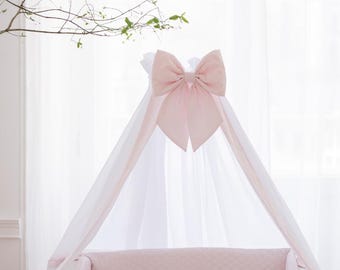 Nursery Baldachin white with a baby pink bow and stripe, Luxury Canopy for Cribs, Mosquito Net for Kids Bed, Elegant Baby Girl Crib Canopy