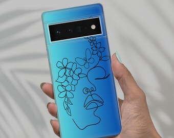 Funda para teléfono con diseño de arte lineal con diseño floral de mujer para iPhone 16Pro, 15, 14, 13, 12, Samsung S25Ultra, S24Fe, S23, S21, A55, A54, A15, A35, Pixel 9, 7a