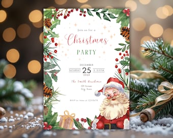 May include: A Christmas party invitation with a watercolor illustration of Santa Claus, pine branches, holly berries, and a gift box. The text reads "Join us for a Christmas Party, December 25, 2024, 5:00 PM, The Smith Residence, 124 Avenue, City, State, RSVP to [phone number]"