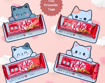 May include: Four printable gift tags featuring a cartoon cat holding a Kit Kat chocolate bar. Each tag has the text "You're a cool Kat" and "From:" with a blank space for a name.