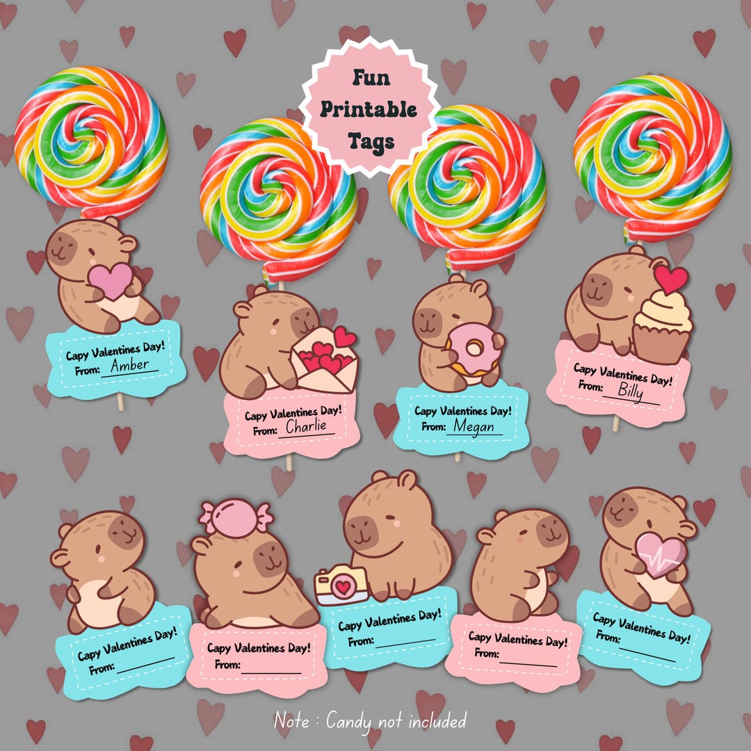 Printable Capybara Valentine Favor Tags for Kids Classroom Valentine ...