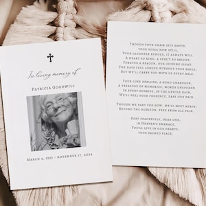 Plantilla de tarjeta fúnebre editable, tarjeta conmemorativa fúnebre imprimible, plantilla de poema de tarjeta fúnebre con foto, tarjeta de recuerdo amoroso, tarjeta de duelo