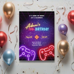 Editable Gamer Birthday Invitation Template, Neon Video game Boy Girl 13th Birthday Invitation, Arcade Birthday Digital Invitation
