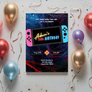 Put your Game Face On Gamer Birthday Printable Invitation, Neon Video game Boy 13th Birthday Invitation, Teen Arcade Digital Invite G4