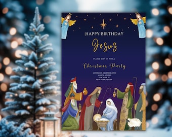 May include: A blue and gold Christmas party invitation with a nativity scene illustration. The text reads "Happy Birthday Jesus" and "Please join us for a Christmas Party".