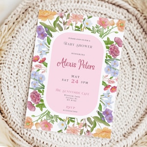 Modelo de convite para chá de bebê com flores silvestres Convite para chá de bebê de primavera, convite para chá de bebê com flores de bebê DOWNLOAD INSTANTÂNEO