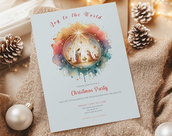 May include: A light blue Christmas party invitation with the text "Joy to the World" in red script. The invitation features a watercolor illustration of the Nativity scene inside a colorful circle. Additional text includes party details.