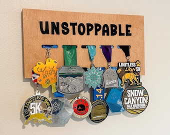 Medal display - "UNSTOPPABLE" - running sports kids achievements, gift for runners, mother's day gift, medal holder, rack, race medal hanger