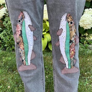 Upcycled Patchwork Rainbow Trout Fish Jeans