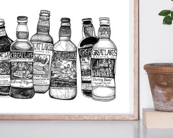 Great Lakes Brews | Beer Drawing | Pen and Ink wall Art by KLoRebel